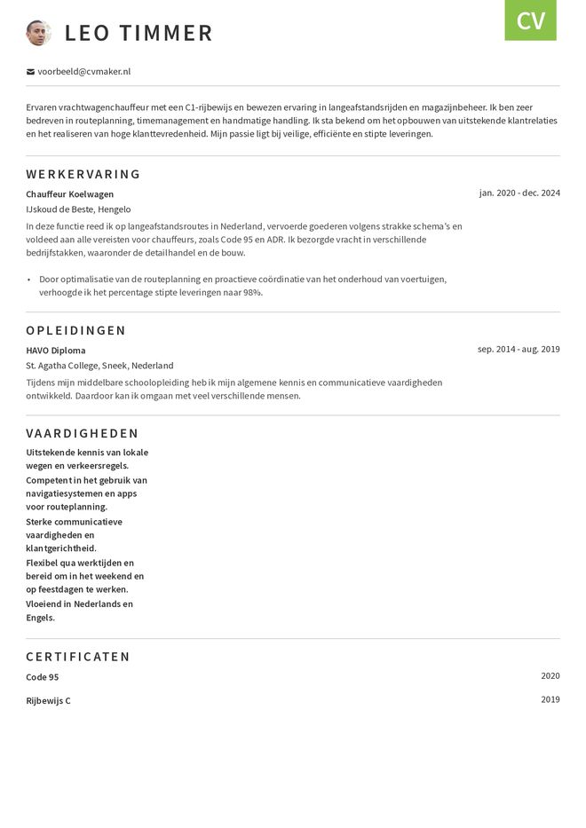 Voorbeeld cv vrachtwagenchauffeur