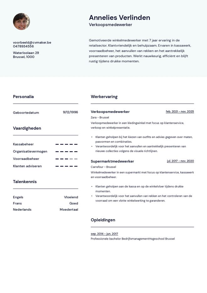 Winkelmedewerker-cv voorbeeld