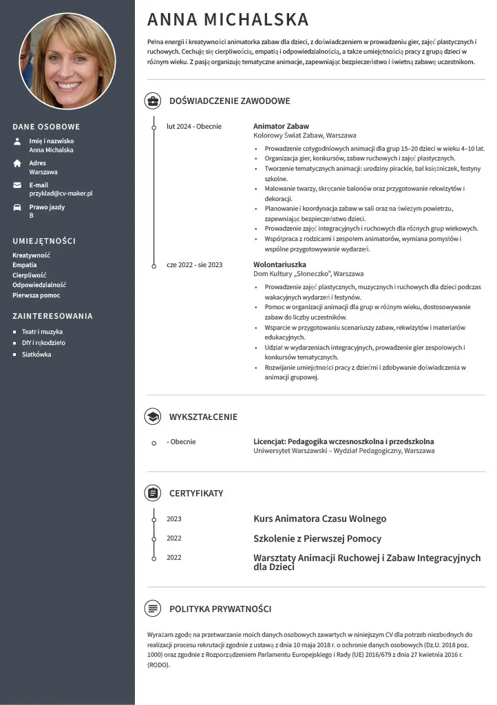 Animatora zabaw dla dzieci cv przyklad