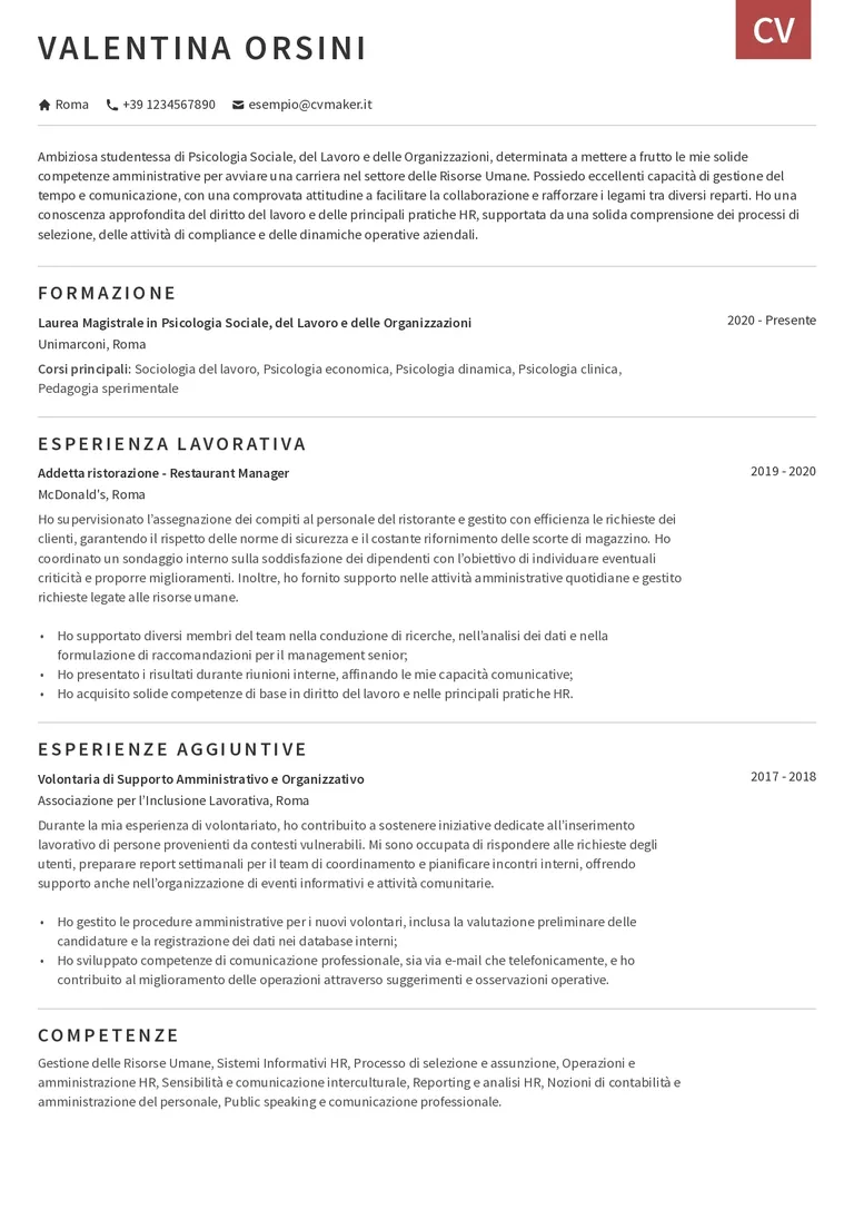 Esempio di CV per studente