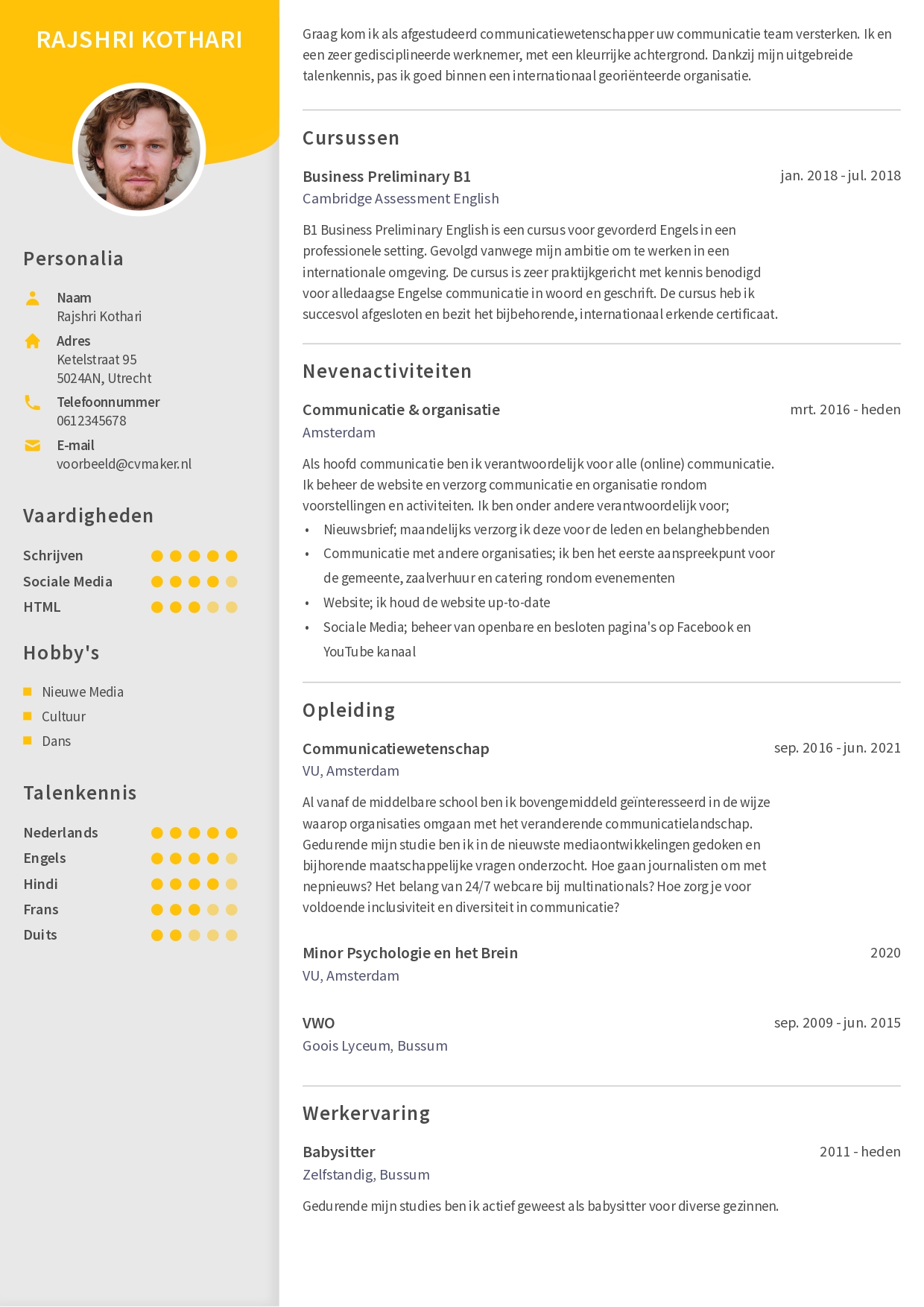 Geel cv voorbeeld