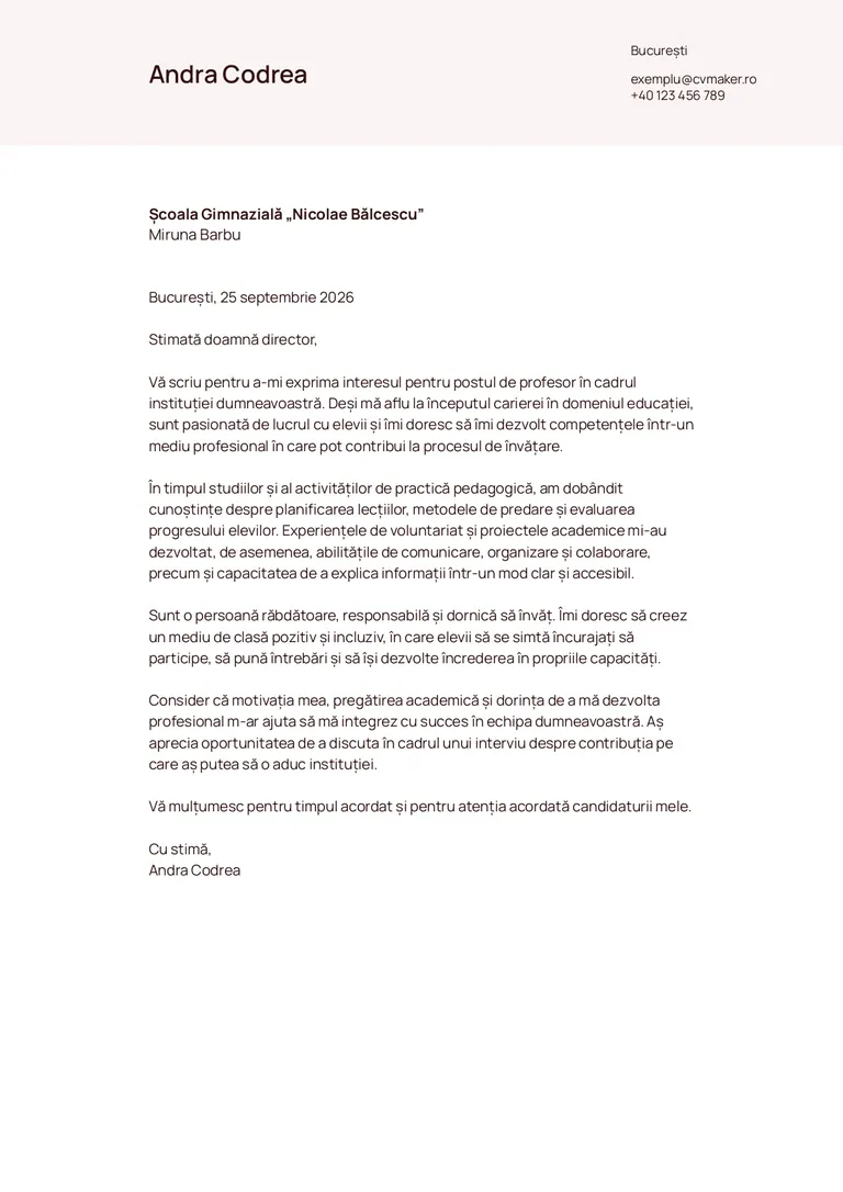 Exemplu de scrisoare de intenție pentru profesoară fără experiență