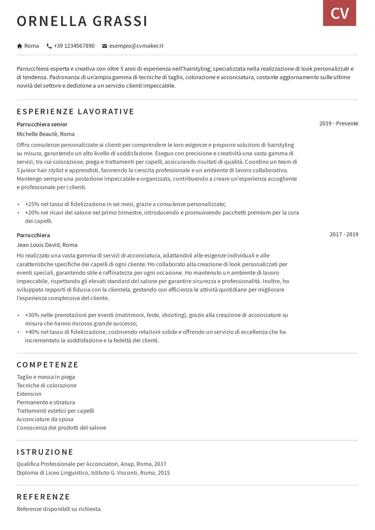 Esempio di CV per parrucchiera