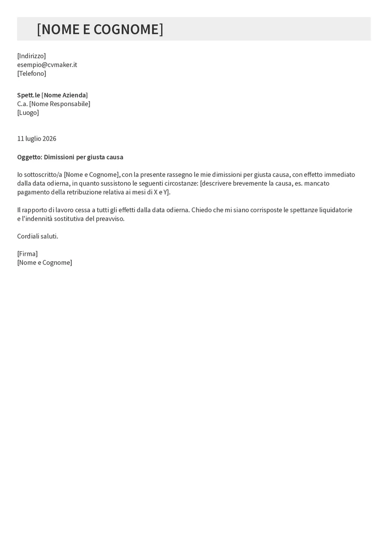 Lettera di dimissioni per giusta causa