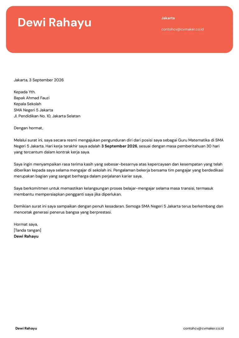 Contoh surat pengunduran diri kerja guru