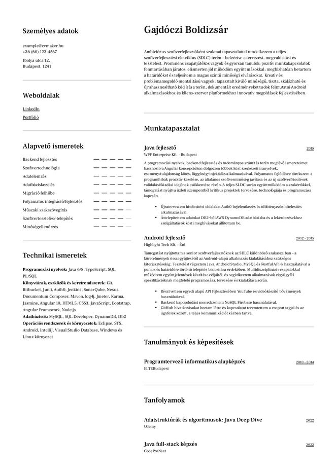 Szoftverfejlesztő önéletrajz-minta