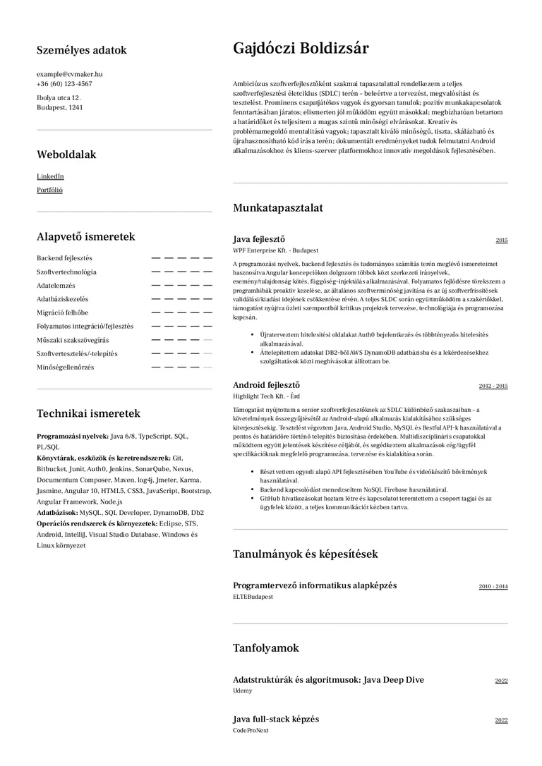 Szoftverfejlesztő önéletrajz-minta