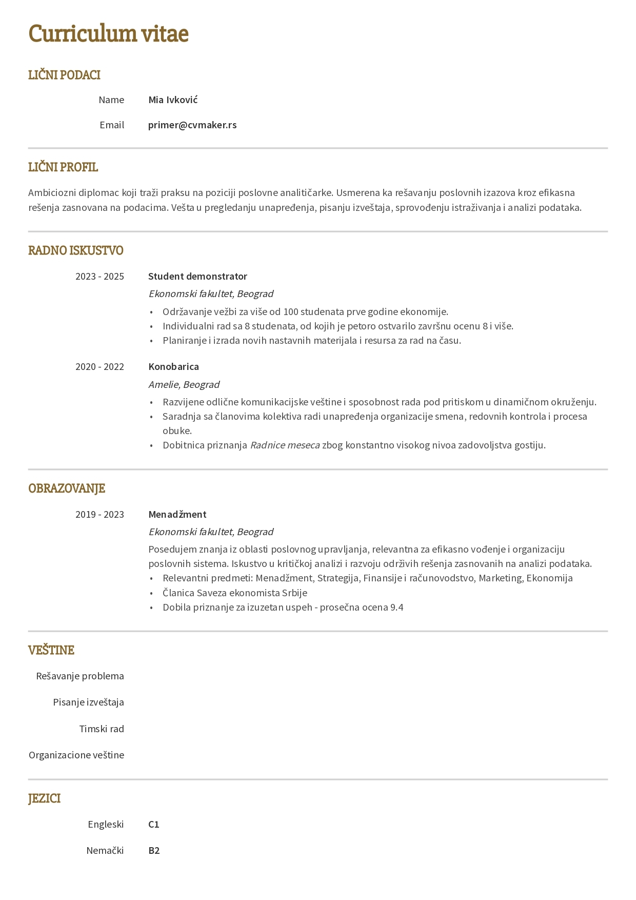 Primer CV-ja za praksu