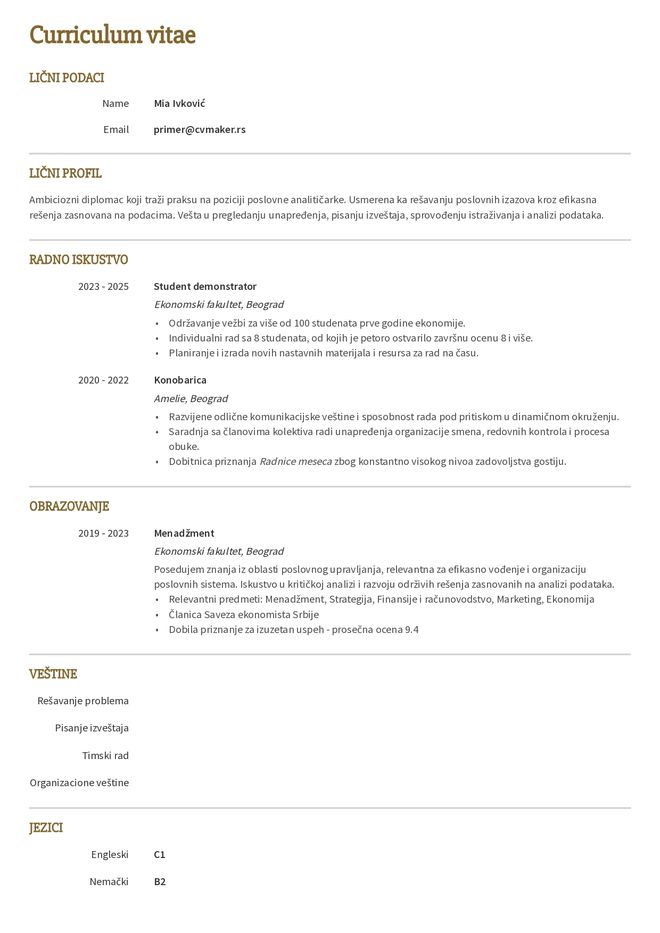 Primer CV-ja za praksu