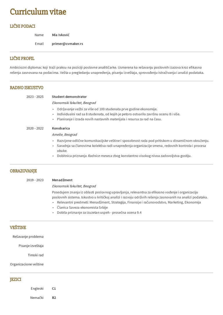 Primer CV-ja za praksu