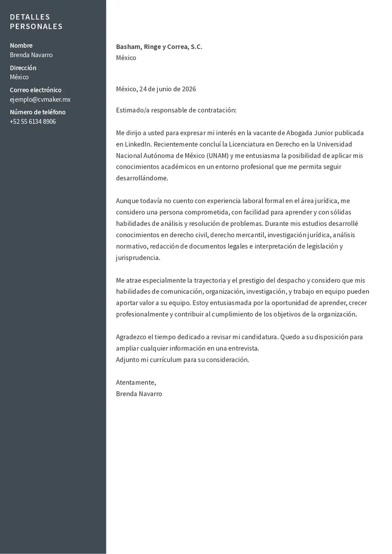 Carta de presentacion sin experiencia ejemplo