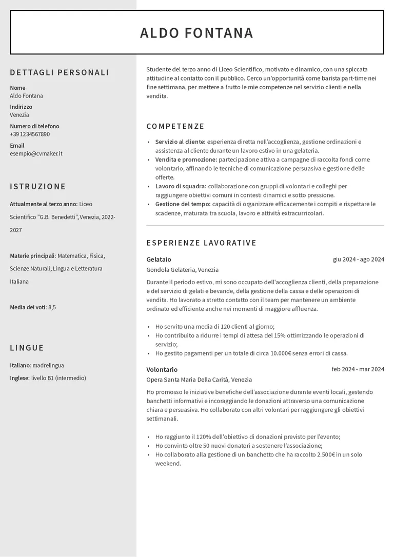 Esempio di CV per studente delle scuole superiori