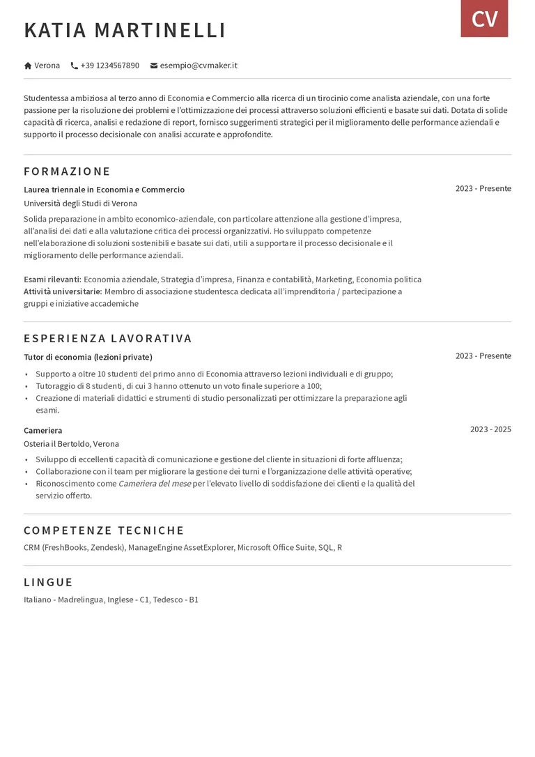 esempio di CV per tirocinio
