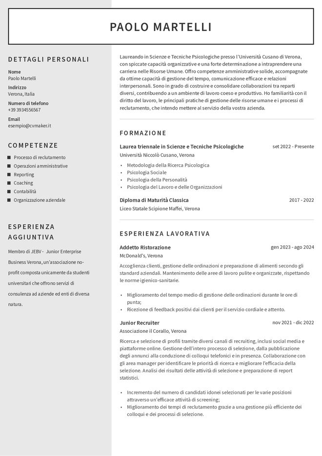 Esempio di curriculum vitae da studente