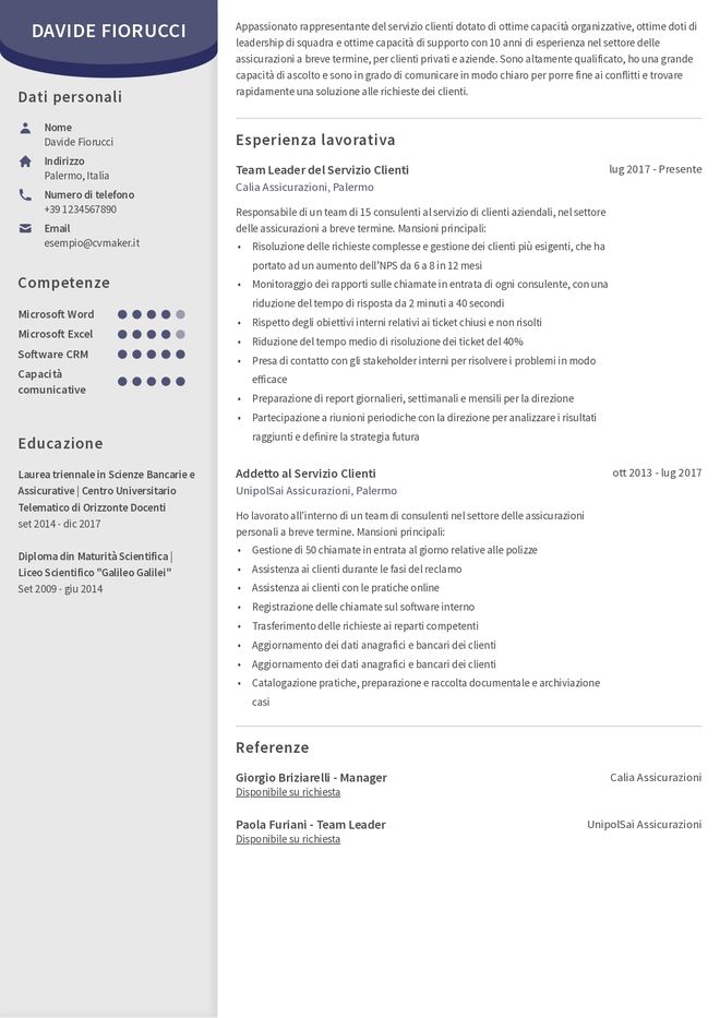 esempio di CV per servizio clienti
