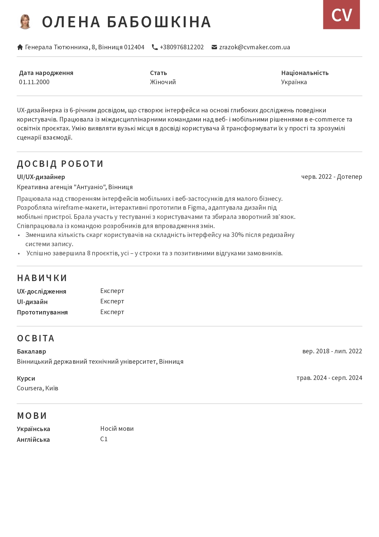 Приклад резюме UI/UX-дизайнера