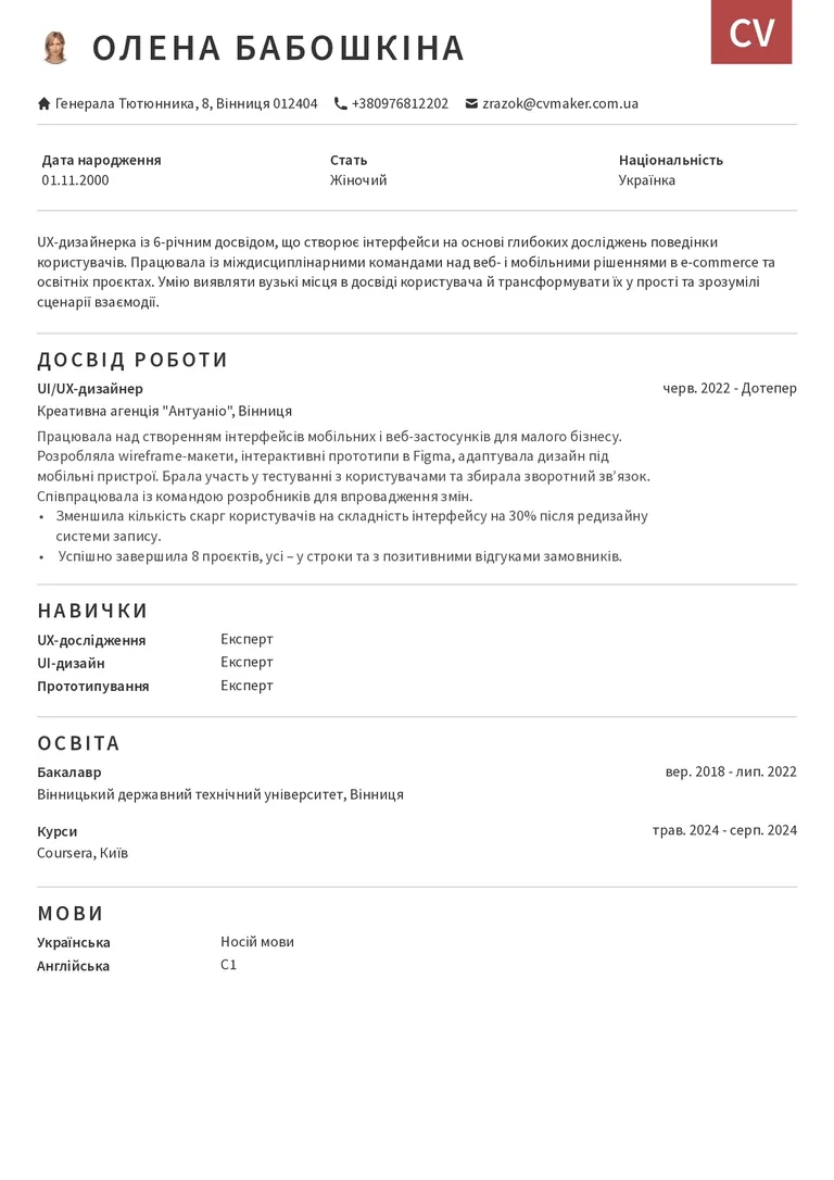 Приклад резюме UI/UX-дизайнера