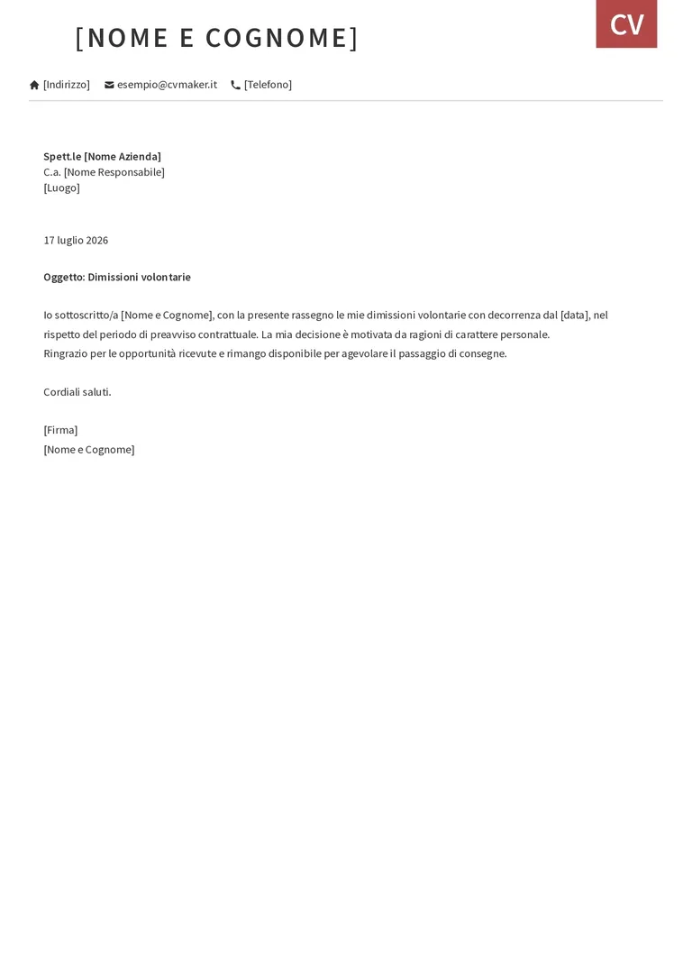Lettera di dimissioni per motivi personali