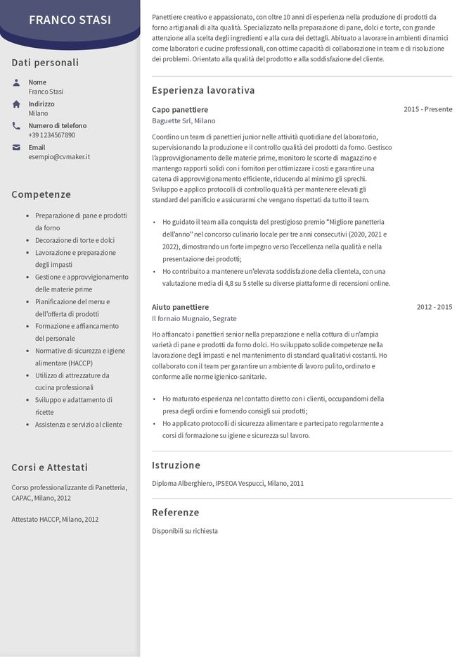 Esempio di CV per panettiere