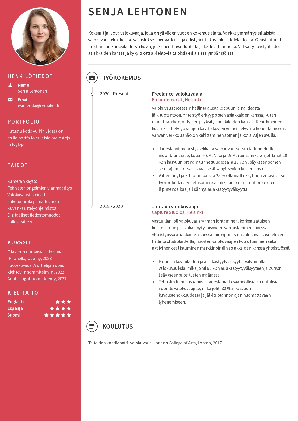 Valokuvaajan CV-esimerkki
