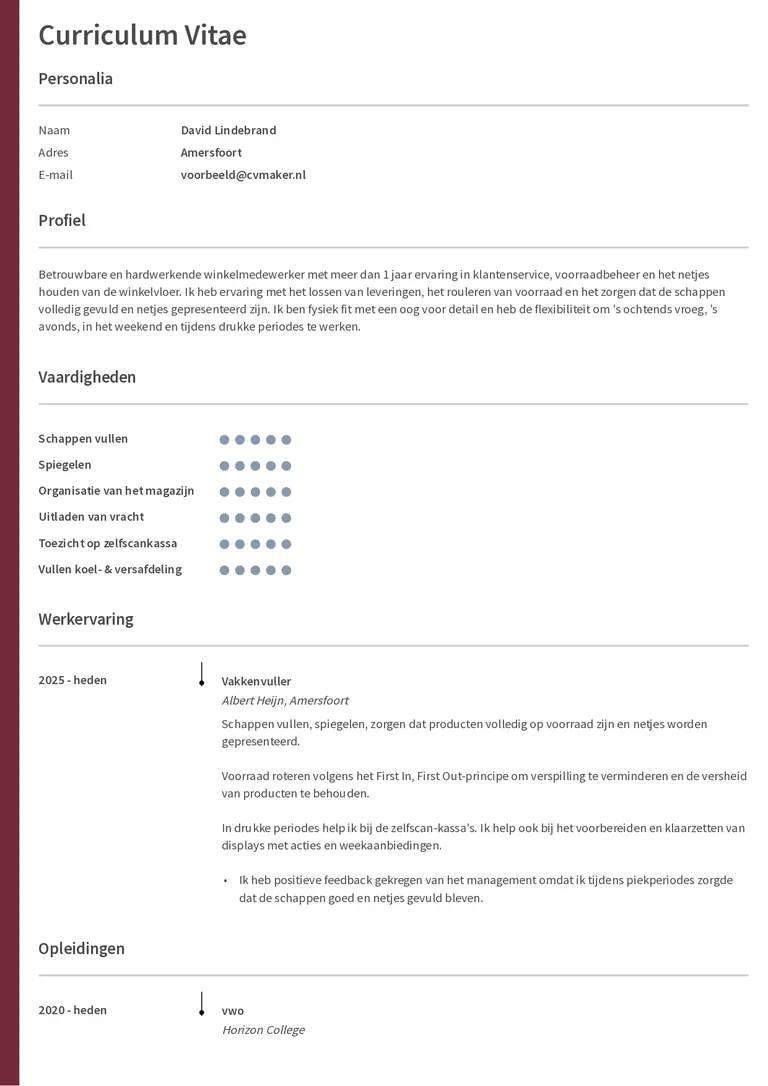 Cv voorbeeld vakkenvuller
