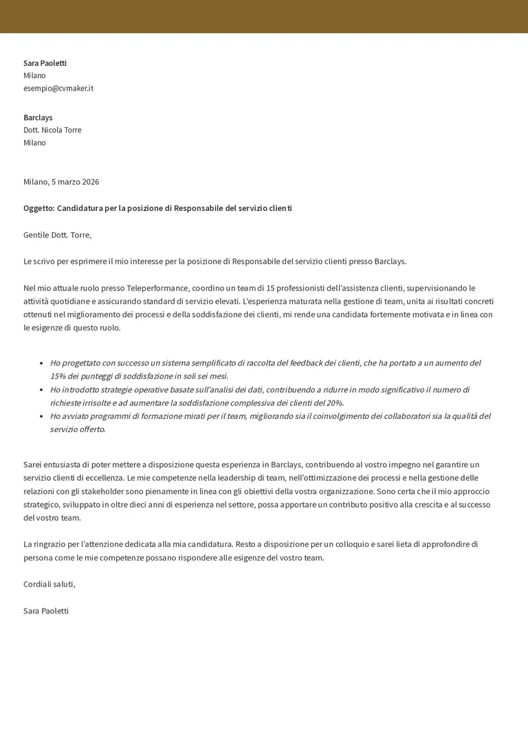 Esempio di lettera di presentazione per il servizio clienti