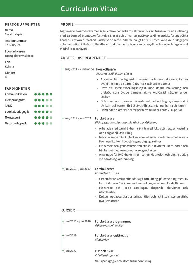 Exempel på förskollärar-CV