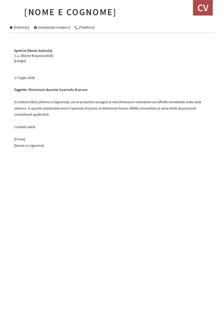 Lettera di dimissioni durante il periodo di prova