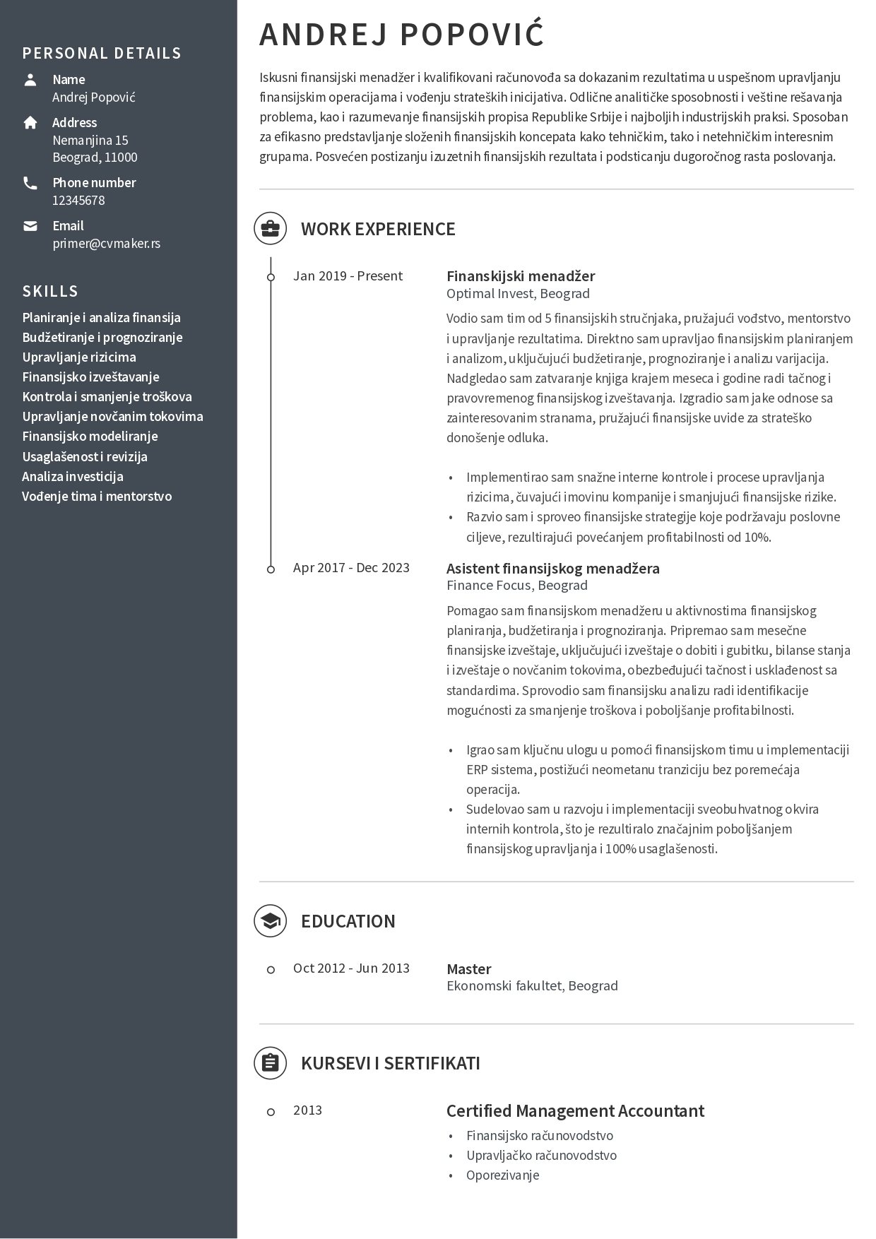 Primer CV-ja za finansijskog menadžera