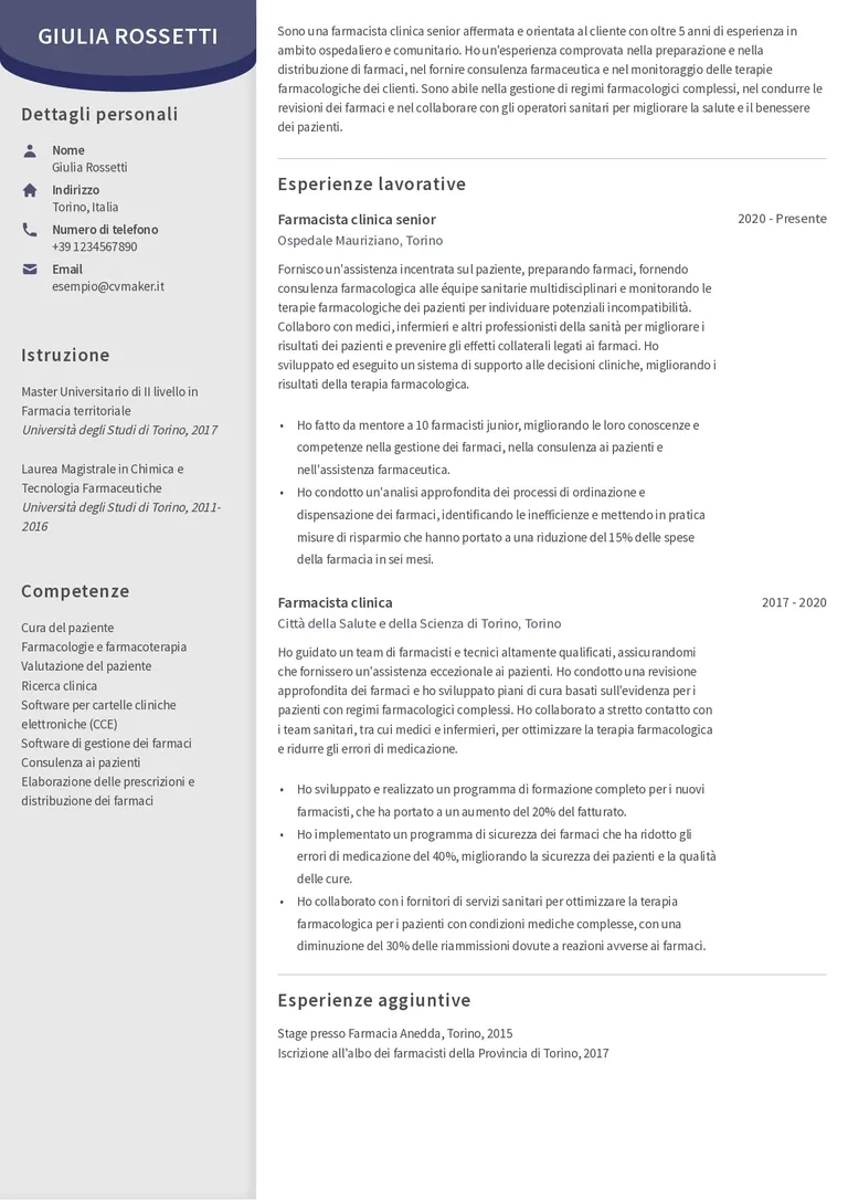 esempio di CV per farmacista