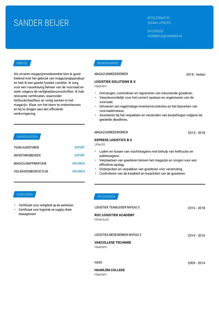Blauwe cv voorbeeld