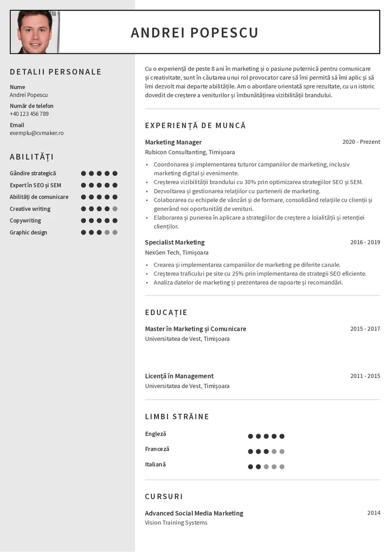 Exemplu de CV marketing