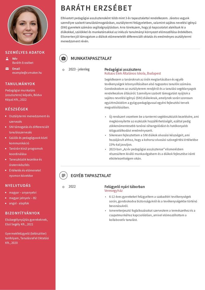 Pedagógiai asszisztens önéletrajz-minta