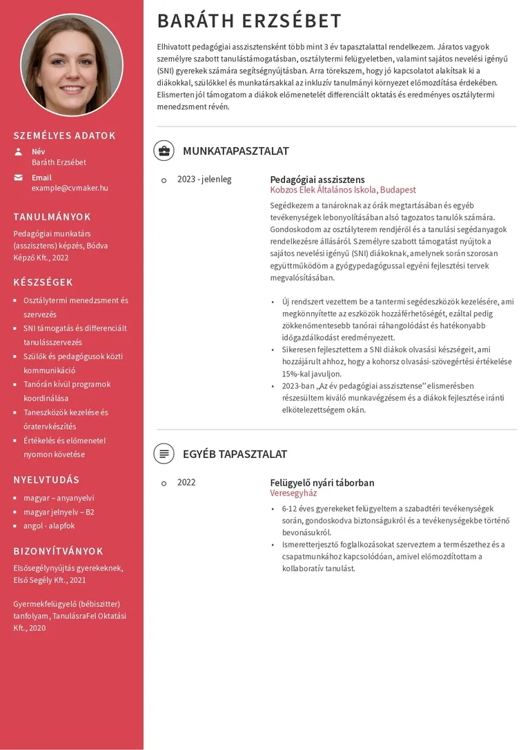 Pedagógiai asszisztens önéletrajz-minta