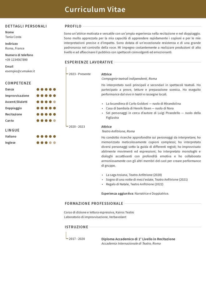 esempio di CV per attore