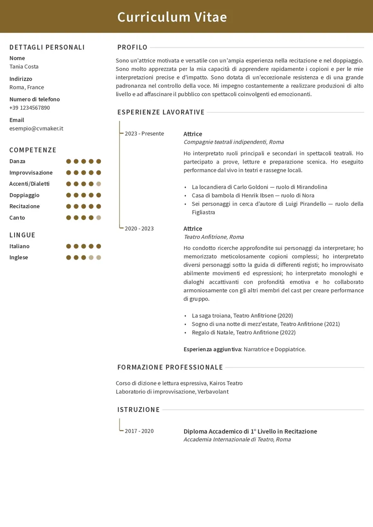 esempio di CV per attore
