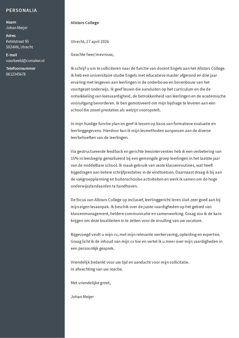 Docent sollicitatiebrief voorbeeld