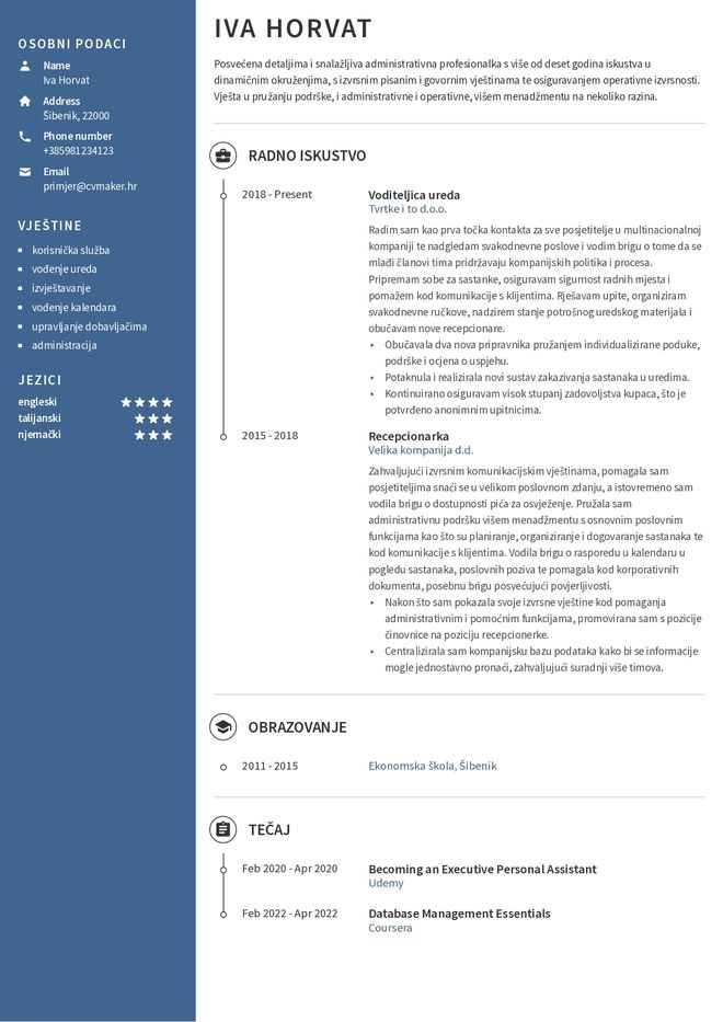 Primjer životopisa recepcionerke