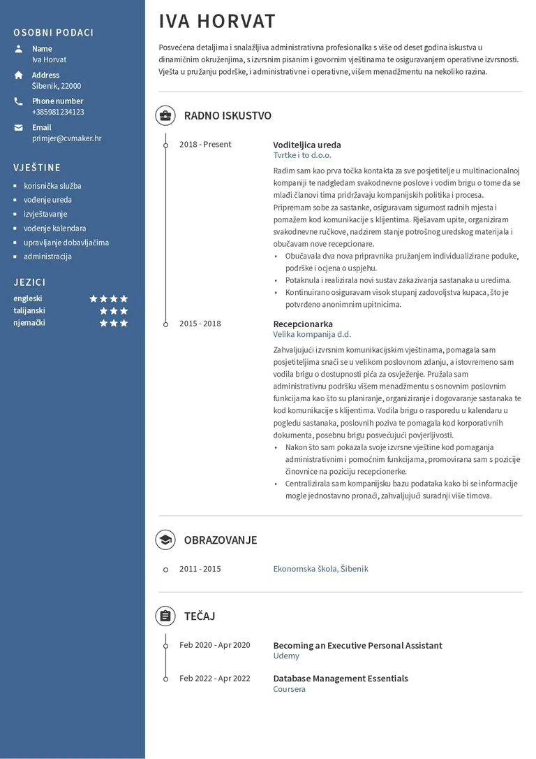Primjer životopisa recepcionerke