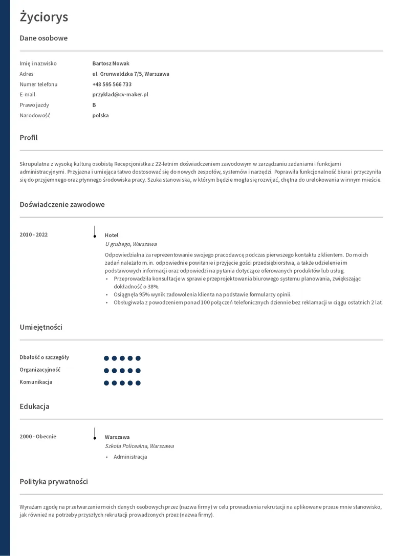 Oxford CV przyklad