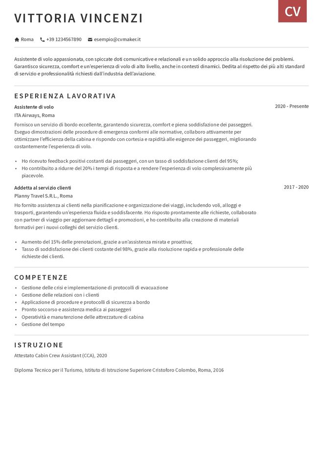 Esempio di CV per assistente di volo
