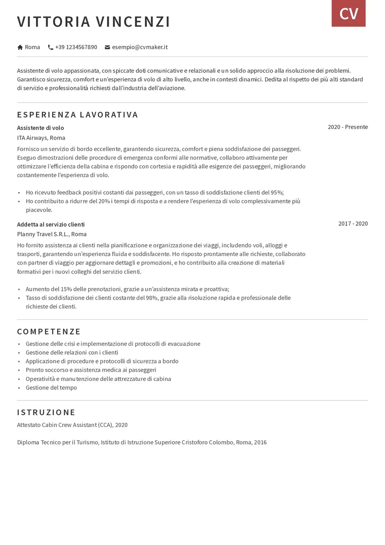 Esempio di CV per assistente di volo