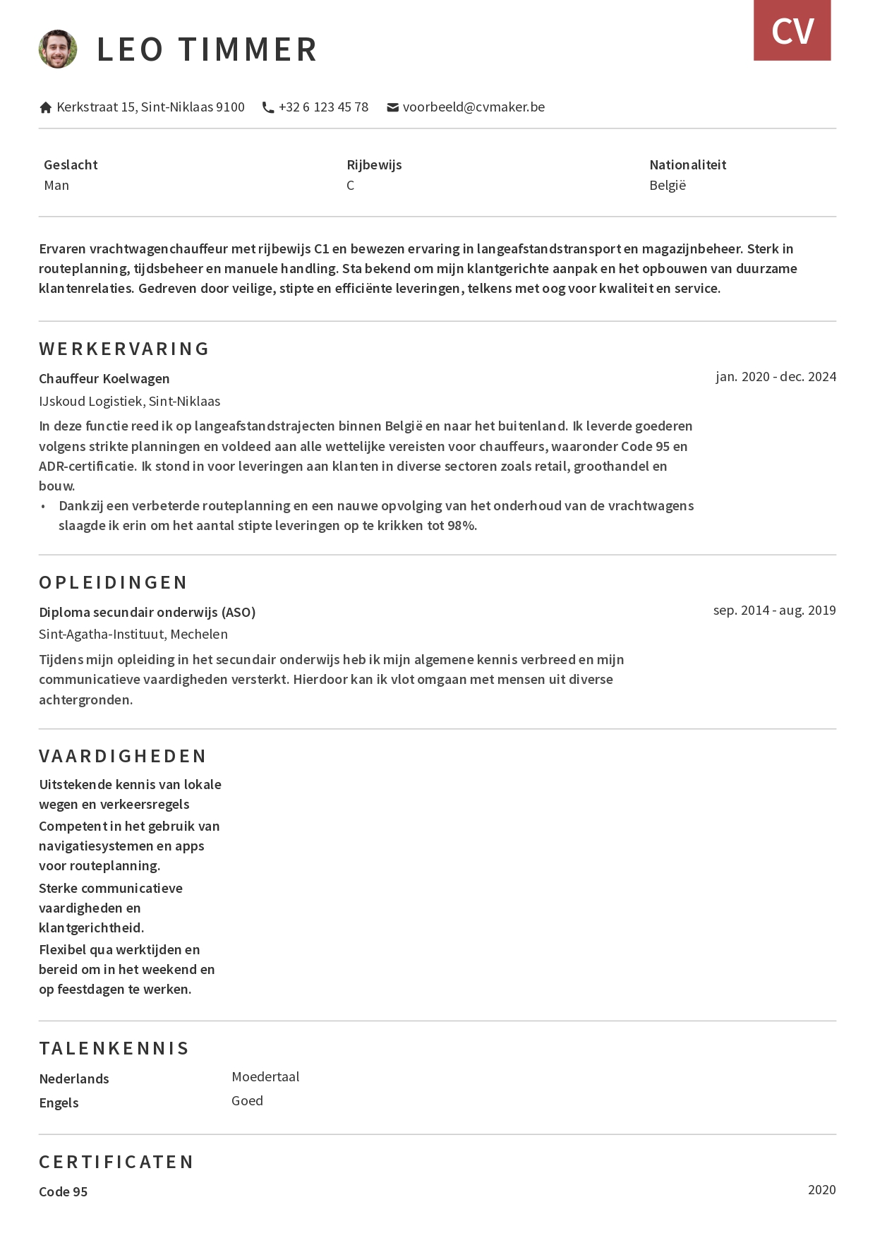 Voorbeeld cv vrachtwagenchauffeur
