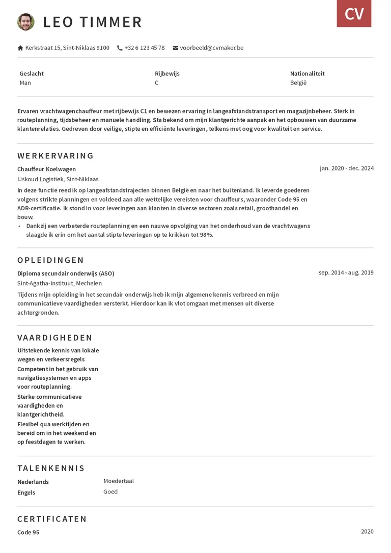 Voorbeeld cv vrachtwagenchauffeur