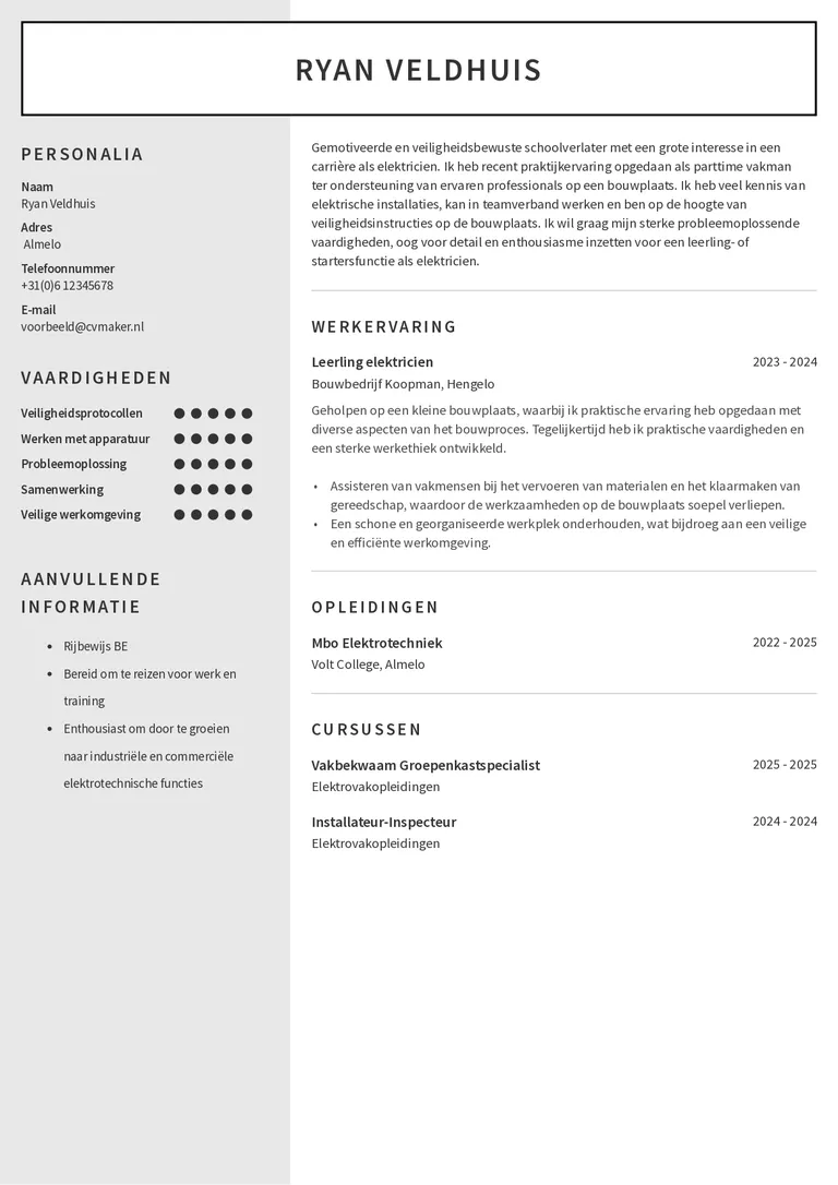 Electriciën cv voorbeeld zonder ervaring