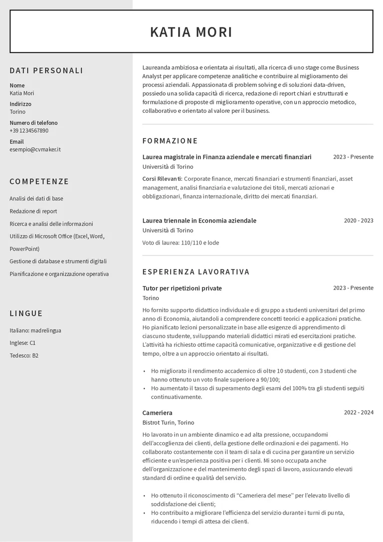Esempio di CV per tirocinio