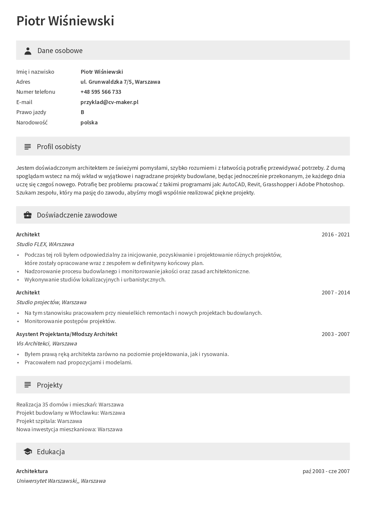 Berkeley CV przyklad