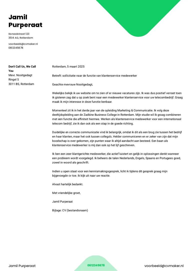 Voorbeeld sollicitatiebrief als je geen contactpersoon hebt gesproken