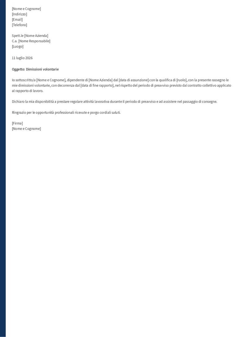 Lettera di dimissioni con preavviso