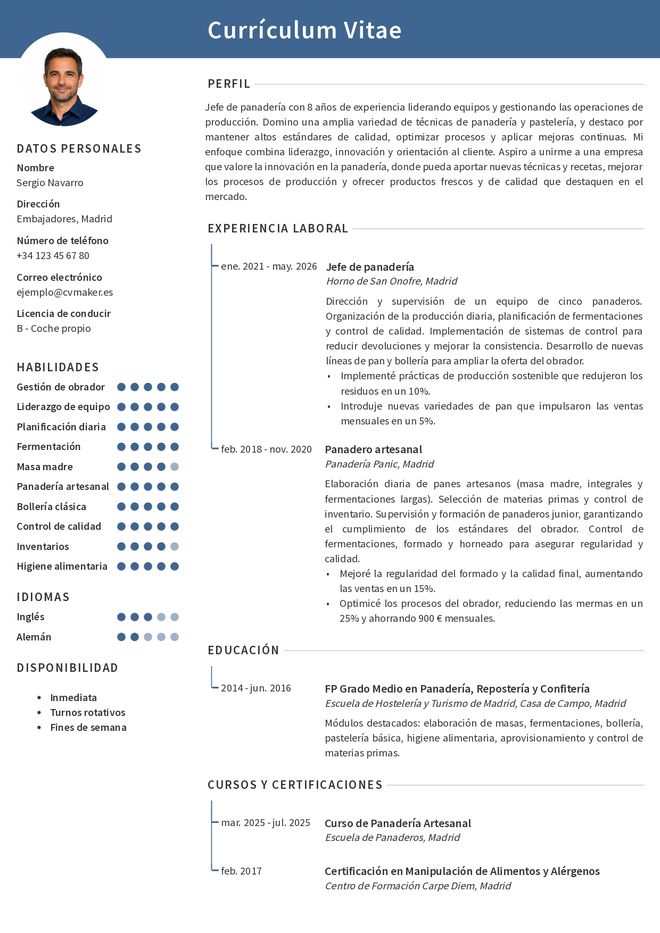 Ejemplo currículum de panadero